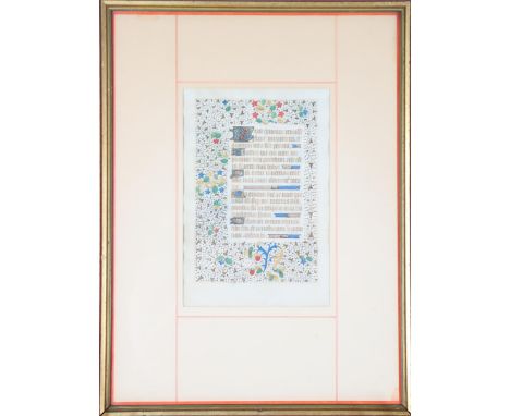 Beautiful Illuminated Manuscript Leaf from Book of Hours, framed. Overall size: 16 3/4 x 12 1/2 in. Sight size: 6 x 9 in.