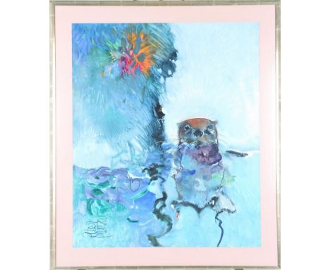 Watercolor/gouache portrait of an otter in the water. 'Otter Portrait' written in lower right. Sight size: 30 x 25 in. Overal