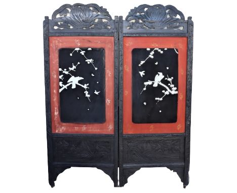 Chinese Carved/Inlaid Wooden Screen, on casters for ease of movement. Single Panel Measurements: 26 3/4 x 1 x 69 in. Both Pan