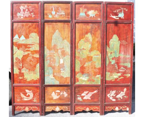 Highly decorative four-panel wooden wall screen, Chinese motif. Size: 72 x 77 in.