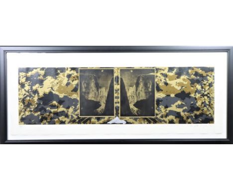 Mixed Media black and gold print numbered 9/100, titled in Portuguese, signed in pencil, framed under glass. Overall size: 20