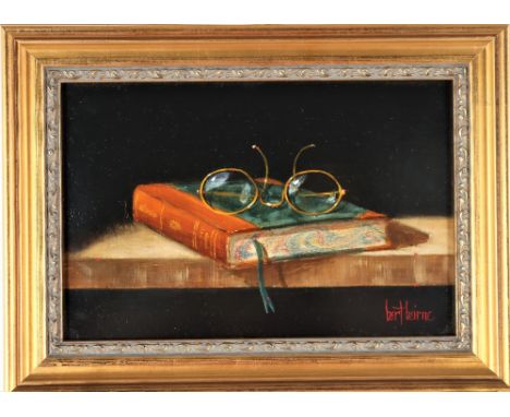 "Book and Glasses" oil on panel, signed lower right, framed. Overall size: 8 1/2 x 11 1/4 in. Sight size: 5 1/2 x 8 1/2 in. A
