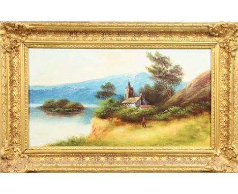 Ornately framed landscape, oil on panel, unsigned. Overall size: 15 x 22 3/4 in. Sight size: 9 1/2 x 17 1/2 in.