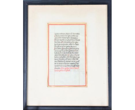 Beautiful lettering in illuminated manuscript leaf, framed. Sight size: 6 x 3 1/2 in. Overall size: 10 3/4 x 9 in.