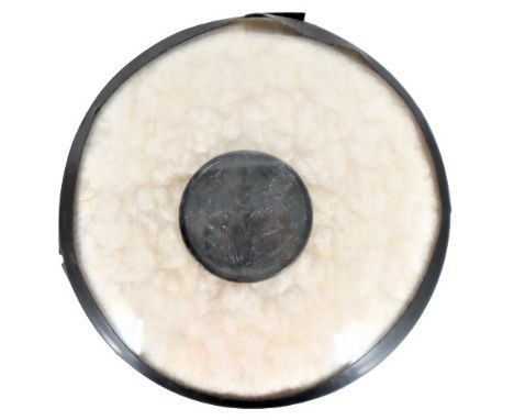 Good Samaritan Button, a nobleman rescuing a robbed victim. Button is protected by domed glass. Size: 4 1/2 x 4 1/2 in.