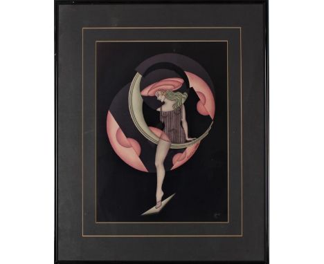 Framed Art Deco image of a woman by Gustav Kaitz (American, 1913-1992), pen signed. Overall size: 19 3/4 x 15 3/4 in. Sight s