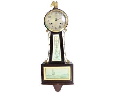 New Haven Clock Co., vintage banjo clock, with image of sailing ships, eagle finial. Unknown as to working order. Size: 9 1/2