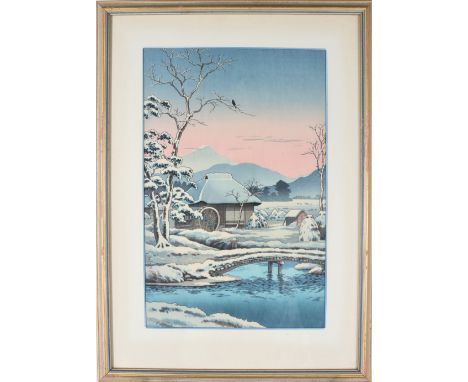 Japanese colored woodblock print. Winter scene with Mt Fuji. Chop marks lower left. Overall size: 21 1/4 x 15 1/4 in. Sight s
