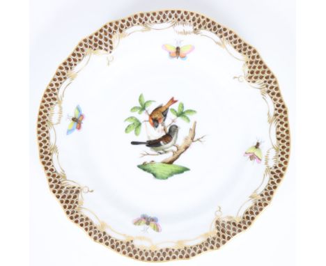 Herend Hungary porcelain dish with hand-painted birds and florals, and brown scale design. Marked on the underside. 6 in. pla