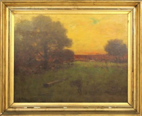 Ethereal landscape, with diffused light and softly defined forms. Signed lower left, oil on canvas, in restored condition. Pr