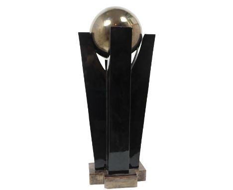 Metallic sphere sculpture, of ceramic. Minor chips on the edges. Size: 11 x 11 x 22 in.