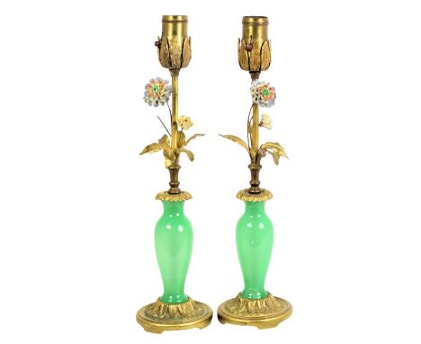 Pair of Steuben Green Jade Boudoir Lamps with porcelain flowers and gold gilt leaves. Size of each: 15 x 4 in.