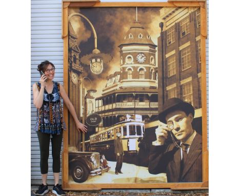 Vintage-looking art work with time-piece theme, streetcar, and gentleman with monocle. Custom deco frame. The piece is a prin