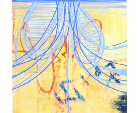 Titled "Infinity Split", colorful oil &amp; latex panel painting by artist Christopher Skura, dated 8-8-01. Size: 12 x 12 in.