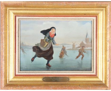 Titled "De Smokkelaars" (The Smugglers?) painting of a Dutch frozen river landscape, with a woman skating in the foreground. 