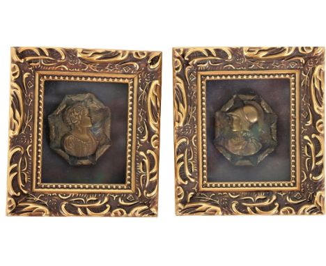 Two framed button portraits of ladies in profile, metal. Size each: 3 3/4 x 4 1/4 in.