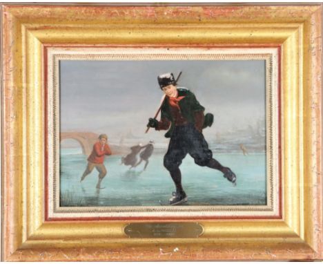 Titled "De Smokkelaars" (The Smugglers?) painting of a Dutch frozen river landscape, with a man skating in the foreground. Si