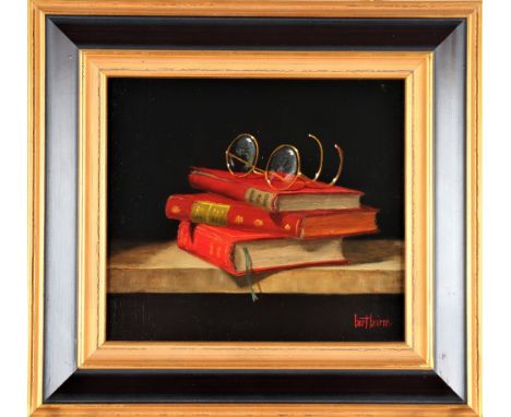 "Three Books and Glasses", oil on panel, signed lower right, framed Overall size: 12 x 13 in. Sight size: 7 1/2 x 8 1/2 in. A