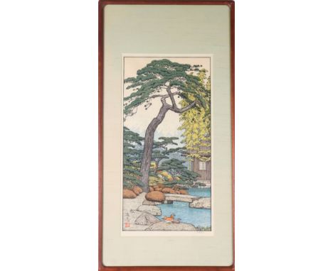 Toshi Yoshida (1911 - 1995) Japanese artist. Woodblock print from the "Friendly Garden Series" - titled "Pine Tree of the Fri