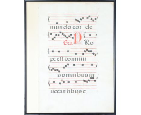 Gregorian chant manuscript on vellum, c. 1500, framed. Overall size: 22 x 17 1/2 in. Sight size: 21 x 16 1/2 in.