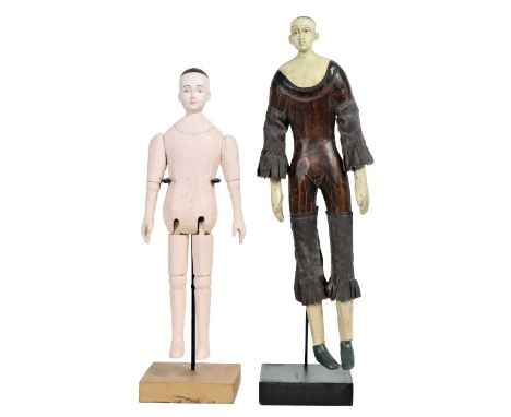 Two puppet or mannequin figures on stands. One has jointed hips, one has a fabric outfit. Size of tallest including stand: 16