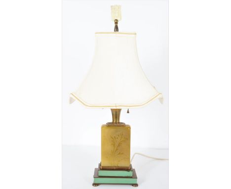 Art Deco Steuben Acid Cut Back Yellow Jade Lamp, with budding chrysan- theum design and green jade base. Size: 11 1/2 x 8 1/2