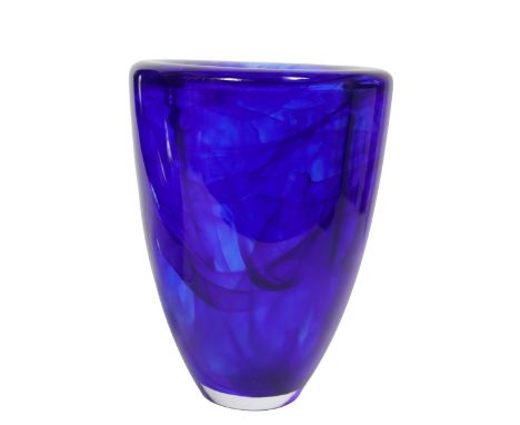 Kosta Boda Swedish glass cobalt blue swirl vase, label on bottom. Height: 8 in. Diameter: 6 in.