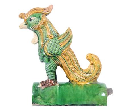 Chinese Glazed Figural Ceramic Roof Tile. Piece is possibly depicting a rooster and is in great condition. Size: 8 1/2 x 4 x 