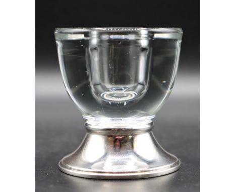 Steuben crystal candle holder with sterling silver base by Frank M. Whiting &amp; Co. (signed). 2 1/2 x 2 1/2 x 2 3/4 in. Pro