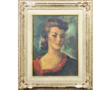 Oil on board, Barkev Djeborlian. Signed lower right. "Portrait de Jeune Filie" with gallery label verso. Sight size: 15 1/4 x