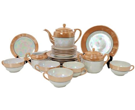 Beautiful tea set of Noritake lusterware from Japan, includes 5 cups, 6 saucers, 6 dessert plates, teapot, and covered sugar 