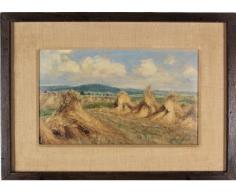 Impressionist Landscape with Haystacks, oil on panel, signed lower right. Ernst Frommhold was born in Leipzig, studied at the