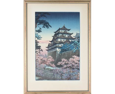 Japanese colored woodblock print. Large Pagoda with Japanese cherry blossom trees. Chop marks lower right. Overall size: 21 1