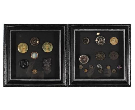 Two framed button collections, one of women's portraits and the other of angels. Size: 10 1/2 x 10 1/2 in.