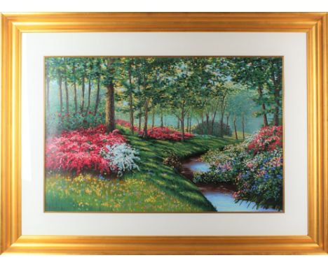 Schaefer-Miles 'Azalea Meadows Stream' Serigraph. Professionally framed. Overall: 37 3/4 x 50 1/2 in. Sight: 24 x 37 in.