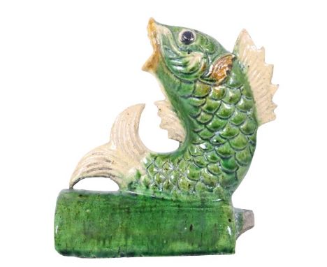 Chinese Glazed Figural Roof Tile. This piece depicts a fish, possibly a carp. Overall condition is great, there is a hole in 
