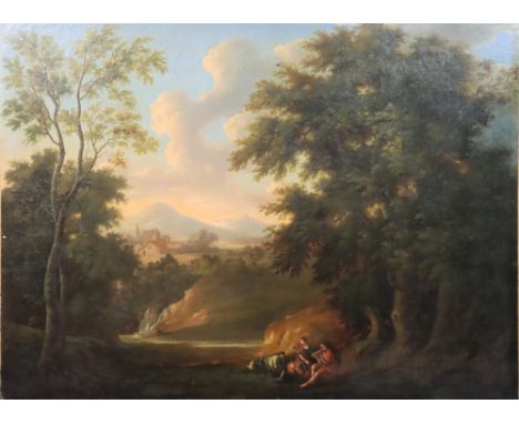 18th Century French Old Master Landscape with figures. Size: 24 1/2 x 40 in.