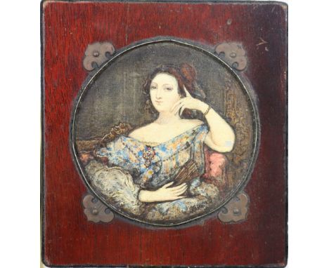 Portrait of a lady, signed indistinctly lower right, set in wooden frame with round opening. Overall size: 7 x 6 1/2 in. Port