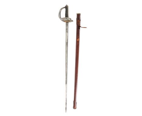 Wilkinson 1914 officer's sword with leather scabbard. Blade is marked with various battle names on both sides. Size: 39 1/2 x