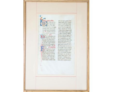 Beautiful lettering in illuminated manuscript leaf, framed. Sight size: 12 x 7 1/2 in. Overall size: 19 x 13 1/2 in.