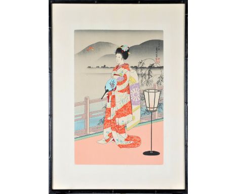 Japanese colored woodblock print in a vibrant style. "Geisha" signed upper right. Overall size: 20 x 14 1/4 in. Sight size: 1
