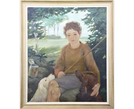 Portrait of a child at rest under the shade of a tree. He sits with his fishing pole, can of bait, and two devoted dogs. Oil 
