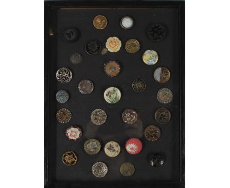 Button collection in frame, all ages (vintage, antique), materials, and styles. Size: 15 1/4 x 17 1/4 in.