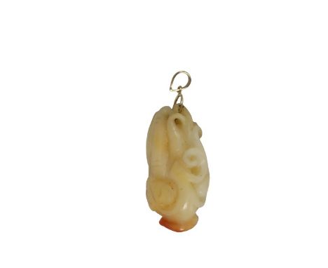 Chinese jade pendant with pig on the bottom below a cluster of "Citron fingers" or "Hand of Buddha" - mythical symbol of good