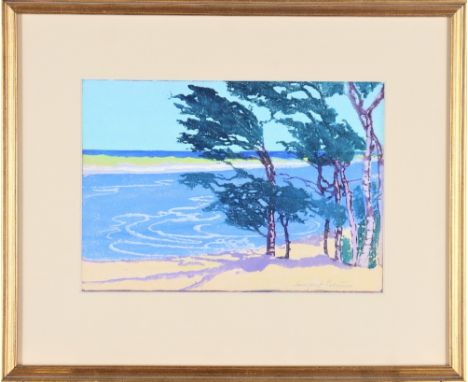 Titled 'Windblown Trees', color woodblock print on paper, signed lower right. Matted and framed. Patterson was active/lived i