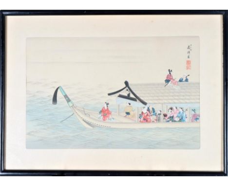 "Waiting for the Moon". Japanese woodblock print. Overall size: 14 1/2 x 20 in. Sight size: 9 1/2 x 15 in.