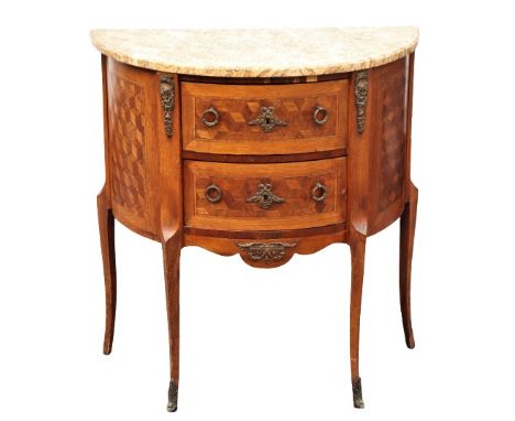 Demilune marble top Bombay with two pull out drawers, restored marble. Size: 27 x 14 x 29 in.