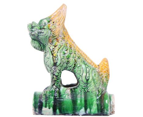 Chinese Glazed Figural Roof Tile. This piece is depicting a dragon or foo dog of sorts. Some parts of the base were not fully