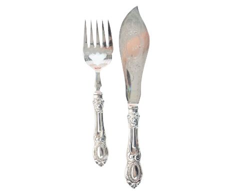 Fish knife and fish fork, sterling silver makers marks on both. Weight: 10.020 ozt Fork: 2 1/4 x 10 in. Knife: 2 1/4 x 12 1/4