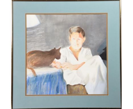 Watercolor, chalk and pencil portrait of a seated man petting a cat. Appears to be unsigned but said to be a portrait of the 